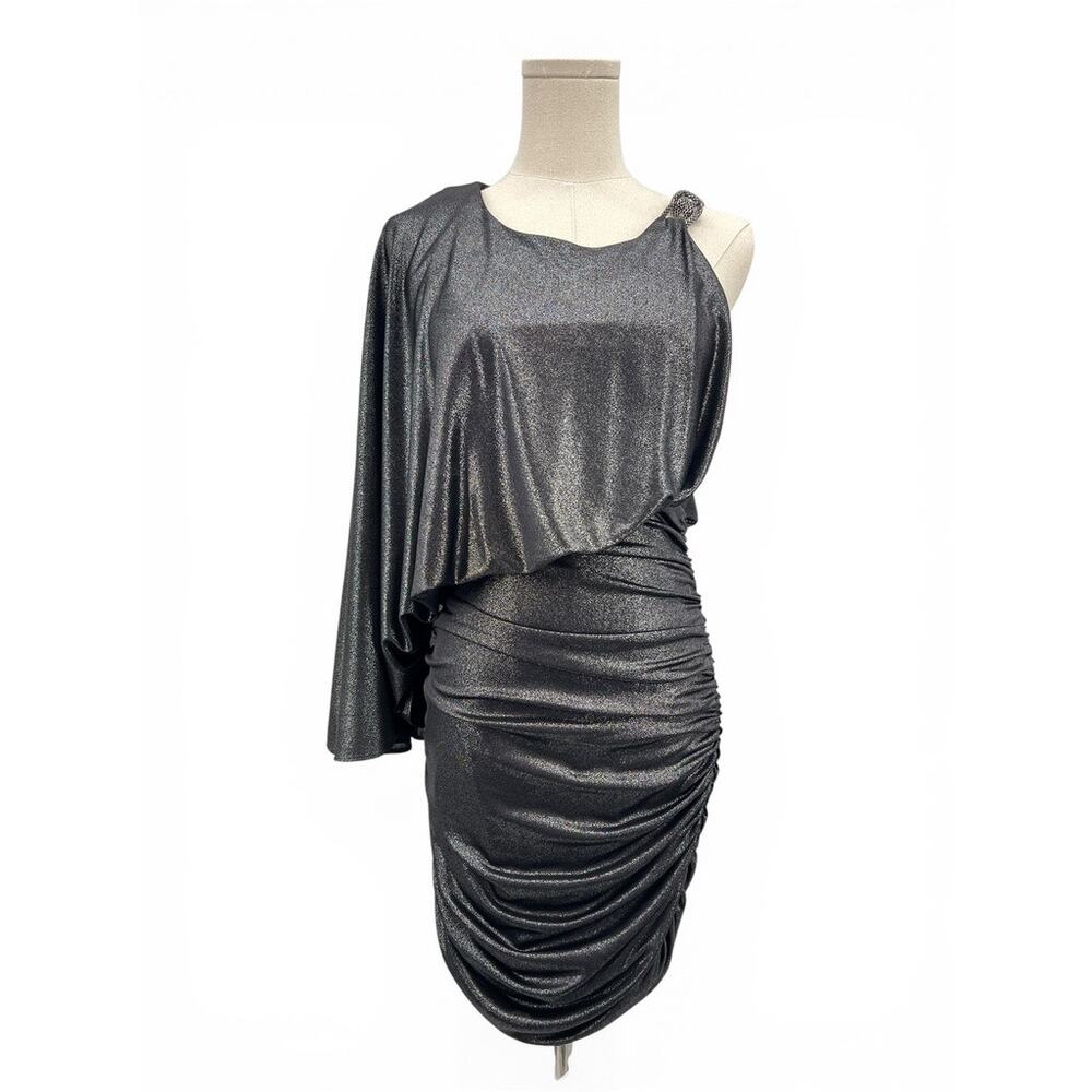 Vintage Cache Draped Metallic One‎ Shoulder Body Con Mini Cocktail Dress Sz. 2